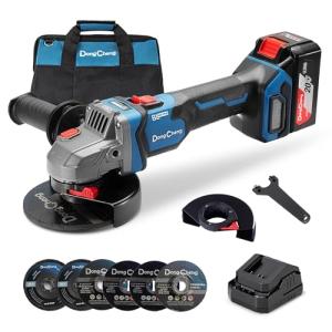 Dong Cheng Cordless Angle Grinder 20V 4-1/2 inch, 9000RPM with Variable Speed, Slide Switch, DSC Protection for Cutting, Grinding, Polishing, Included 6 Discs & 4.0Ah Battery Charger Kit