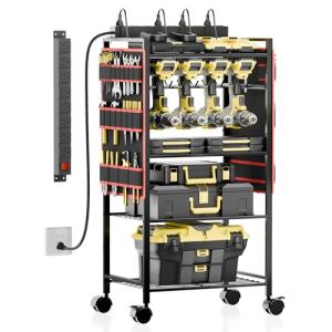 CFMASTER 5-Tier Power Tool Organizer Cart with Charging Station - 8 AC Outlets, 300 lbs Heavy Duty Utility Rack, Rolling Drill Holder & Tool Storage Cart on Wheels for Garage, Workshop, Gift for Men