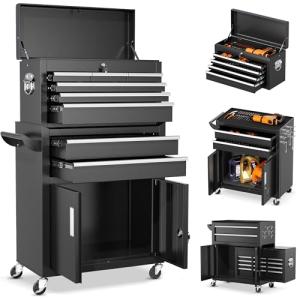 INTERGREAT 8-Drawers Rolling Tool Chest, Assembled Tool Chest with Wheels, Detachable Top Tool Box, Tool Cabinet for Repair Room,Warehouse, Rolling Tool Box with Hooks,Tray Divider,Liners(Black)