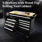 Heavy Duty Rolling Tool Chest with 9-Drawer Wood Top Tool Cart Mechanic Tool Box with Wheels Tool Storage Cabinet Mobile Workbench Tool Bench for Garage, Warehouse, Workshop, Repair Shop (Black)