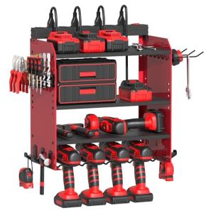 Power Tool Organizer Wall Mount with Charging Station, Garage 4 Drill Storage Shelf with Cordless Tool Holder, Heavy Duty Rack with 8 Outlet Power Strips and Hooks, Gift for Men, Husband (4 Layer)