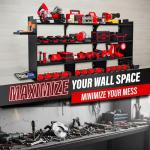 Large Power Tool Organizer Wall Mount, With Attachable Shelves - Garage Storage System, Heavy Duty 4-Tier Rack Holds 12 Drills – Screw Holder Accessories, Utility Shelf for Workshop Organization