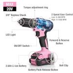 WORKPRO 20V Pink Cordless Drill Driver Set, 3/8” Keyless Chuck, 2.0 Ah Li-ion Battery, 1 Hour Fast Charger and 11-inch Storage Bag Included - Pink Ribbon