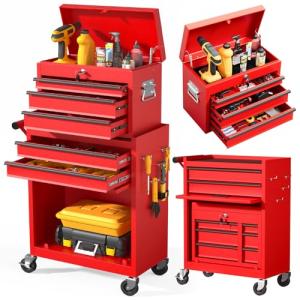 LegacyAmerhome 5-Drawer Rolling Tool Chest with Wheels, 2 in 1 Lockable Tool Box with Drawers, Detachable Top Cabinet & Storage Cart, Steel Tool Cart with Liner & Hooks for Workshop, Warehouse