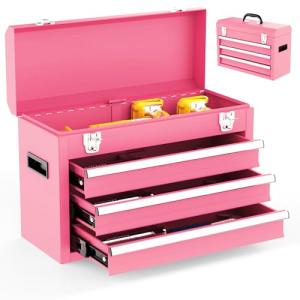 Gornoxblif 3 Drawer Metal Tool Box, Portable Metal Tool Box with EVC Liners and Latches Closure, Heavy Duty Steel Tool Chest with Ball Bearing Opening and Powder Coated Finish, Pink
