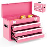 Gornoxblif 3 Drawer Metal Tool Box, Portable Metal Tool Box with EVC Liners and Latches Closure, Heavy Duty Steel Tool Chest with Ball Bearing Opening and Powder Coated Finish, Pink
