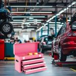 Gornoxblif 3 Drawer Metal Tool Box, Portable Metal Tool Box with EVC Liners and Latches Closure, Heavy Duty Steel Tool Chest with Ball Bearing Opening and Powder Coated Finish, Pink