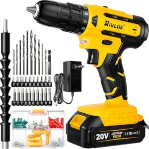 Cordless Drill Set,21+1Torque,20V Electric Power Drill with 2000mAh Battery and 2A Charger,Equipped with Keyless Chuck,34pcs Drill Bit Set with LED Light for DIY Projects,Yellow