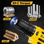 Cordless Drill Set,21+1Torque,20V Electric Power Drill with 2000mAh Battery and 2A Charger,Equipped with Keyless Chuck,34pcs Drill Bit Set with LED Light for DIY Projects,Yellow