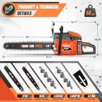 62CC Gas Chainsaw, Professional Chainsaw with 2-Stroke Engine, 18inch & 22inch Chain Saw Bar, Ergonomic Non-Slip Handle & Dual Fuel Tanks for Tree Wood Cutting