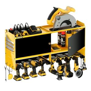 Spampur Power Tool Organizer Wall Mount with Charging Station,Garage Metal Cabinet 15 Min Quick Assembly & Max 150lb load with 6 Outlet Power Strip, 8 Slots Cordless Drill for Workshop/Shed/Tool Room