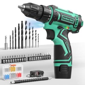 Cordless Drill Set,12V Power Drill Driver 3/8" Keyless Chuck with 92 Acessories, Built-in LED Light, 25+1 Position, Electric Drill for Home DIY Projects（Cyan）