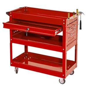 3 Tier Rolling Tool Cart with Wheels, Tool Box with Drawers Universal Chest Lockable Wheels, Utility Industrial Service Car Adjustable Shelf and Locking Mechanism, for Workshop, Repair Shop (Red)