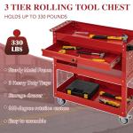 3 Tier Rolling Tool Cart with Wheels, Tool Box with Drawers Universal Chest Lockable Wheels, Utility Industrial Service Car Adjustable Shelf and Locking Mechanism, for Workshop, Repair Shop (Red)