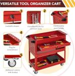 3 Tier Rolling Tool Cart with Wheels, Tool Box with Drawers Universal Chest Lockable Wheels, Utility Industrial Service Car Adjustable Shelf and Locking Mechanism, for Workshop, Repair Shop (Red)