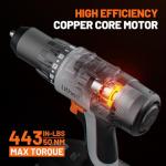 Litheli 20V Cordless Drill Driver Set, Electric Power Drill with 2 Variable Speed Settings, 1/2 Inch Keyless Chuck, 21+1 Clutch Settings with Maximum Torque of 443 In-lbs