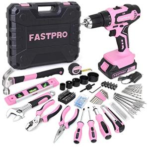FASTPRO 177-Piece 20V Pink Cordless Lithium-ion Drill Driver and Home Tool Set, Lady's Home Repairing Tool Kit with Drill in Storage Case