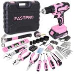 FASTPRO 177-Piece 20V Pink Cordless Lithium-ion Drill Driver and Home Tool Set, Lady's Home Repairing Tool Kit with Drill in Storage Case