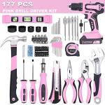 FASTPRO 177-Piece 20V Pink Cordless Lithium-ion Drill Driver and Home Tool Set, Lady's Home Repairing Tool Kit with Drill in Storage Case