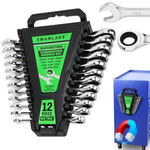 12-Piece Ratchet Wrench Set, Metric 6-18mm Ratchet Combination Wrenches Set, 12-Point 72-Tooth Ratcheting Spanners with Magnetic Base Organizer, Chrome Vanadium Steel for Automotive Mechanic Tool