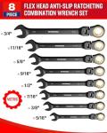 WORKPRO Ratcheting Combination Wrench Set, 8-piece Flex-Head Anti-Slip Set SAE 5/16-3/4 inch, 72-Teeth, Cr-V Constructed, Black Electrophoretic Coating with Rolling Pouch