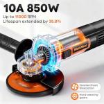 WorkNeon 850W Angle Grinder: 4-1/2 Inch Angle Grinder - 11000RPM Angle Grinder Tool with 5pcs Cutting & Grinding Wheels, Auxiliary Handle for Cutting, Polishing & Rust Removal, Slide Switch