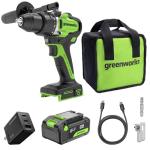 GREENWORKS 24V 1/2” Brushless Cordless Drill (800 In-lbs.), 4.0Ah (24,000mAh Power Bank) USB-C Battery, 3.3 FT Braided Cable, 65W Rapid Charger