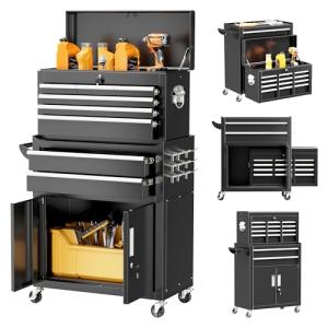 Superday Metal Tool Chest, 8 Drawer Rolling Tool Chest with Wheels, Detachable Tool Storage Cabinet with Lock for Garage, Steel Tool Cart with Liner & Hooks for Workshop, Warehouse (Black)