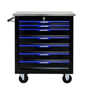 RYH 4/5/6/7 Drawers Rolling Tool Chest -Heavy Duty Mobile Metal Tool Box with Locking Wheels, with Stainless Steel Worktop, Garage Tool Storage Cabinet (Black-Blue, 7-Drawers 30.7" H×25.9" W)