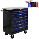 RYH 4/5/6/7 Drawers Rolling Tool Chest -Heavy Duty Mobile Metal Tool Box with Locking Wheels, with Stainless Steel Worktop, Garage Tool Storage Cabinet (Black-Blue, 7-Drawers 30.7" H×25.9" W)