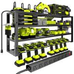 Large Power Tool Organizer Wall Mount with Charging Station, 8 Outlet Power Strip, 4 Layers 8 Drill Holder Heavy Duty Metal Tool Storage Loads 420lbs with Screwdriver Holder, Utility Racks for Garage