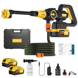 MUPEAK Cordless Pressure Washer Battery Operated, 1100PSI-Brushless Portable Power Washer with 2 Batteries, 3 Speed Adjustable/6 in 1 Nozzle, 4.0Ah Battery Power Washers for Car Yard Cleaning, Yellow