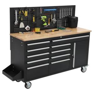 61-inch Rolling Tool Chest, 10 Drawers Garage Workbench Storage Tool Cabinet with Power Strip, Solid Rubber Wood Top, 1675 LBS Load Mobile Workstation, Heavy Duty Rolling Cabinet