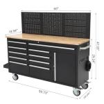 61-inch Rolling Tool Chest, 10 Drawers Garage Workbench Storage Tool Cabinet with Power Strip, Solid Rubber Wood Top, 1675 LBS Load Mobile Workstation, Heavy Duty Rolling Cabinet