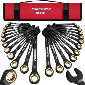 Premium 24-Piece Ratcheting Wrench Set, SAE & Metric Combination Wrenches, 8–19mm / 1/4″–7/8″, 72-Tooth CR-V Steel with Durable Black Finish, Ratchet Spanners with Roll-Up Tool Pouch for Repair