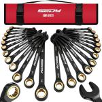 Premium 24-Piece Ratcheting Wrench Set, SAE & Metric Combination Wrenches, 8–19mm / 1/4″–7/8″, 72-Tooth CR-V Steel with Durable Black Finish, Ratchet Spanners with Roll-Up Tool Pouch for Repair
