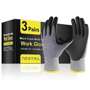 NEOTRIL Safety Work Gloves MicroFoam Nitrile Coated-3 Pairs, Seamless Knit Nylon Bulk Pack Working Gloves with Grip for Men Women Light Duty Work,Automotive,Warehouse (Gray,M)