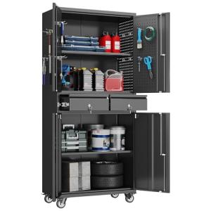 Reemoon Garage Storage Cabinet with Wheels and Doors,71" H Metal Storage Cabinet with Pegboard and 2 Drawers for Garage, Warehouse,Home,Required Assembly,Black