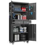 Reemoon Garage Storage Cabinet with Wheels and Doors,71" H Metal Storage Cabinet with Pegboard and 2 Drawers for Garage, Warehouse,Home,Required Assembly,Black