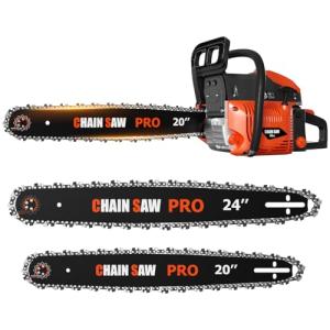 62CC Gas Chainsaw, Professional Chainsaw with 2-Stroke Engine, 20inch & 24inch Chain Saw Bar, Ergonomic Non-Slip Handle & Dual Fuel Tanks for Tree Wood Cutting