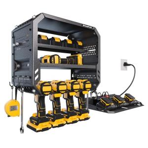 Spampur Power Tool Organizer Wall Mount with 4 Power Outlets & Charging Station &420lbs Capacity, Tool Battery storage, Metal Heavy Duty Wall Mounted Drill Holder for Garage Workshop, Men Gifts