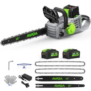 Electric Chainsaw Cordless, 42V 16 Inch Battery Chainsaw with Brushless Motor and Quiet Superior Cutting Power, Hand Battery Powered chainsaw for Tree Trimming Wood Cutting, 2 Battery and Charger