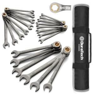 DURATECH Anti-Slip Ratcheting Wrench Set, Combination Wrench Set, 22-piece, Metric & SAE, 1/4" to 3/4" & 6-18mm, 72-Tooth, CR-V Steel, Nickel Plating, with Pouch