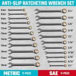 DURATECH Anti-Slip Ratcheting Wrench Set, Combination Wrench Set, 22-piece, Metric & SAE, 1/4" to 3/4" & 6-18mm, 72-Tooth, CR-V Steel, Nickel Plating, with Pouch