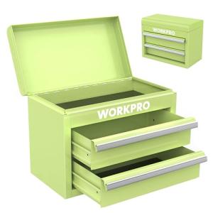 WORKPRO Mini Metal Tool Box with 2 Drawers and Top Storage, Small Tool Chest with PVC Liners and PP Feet Pads, Cold Rolled Steel Toolbox with Magnetic Tab