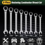 8-Piece Ratcheting Combination Wrench Set, Matte Silver Finish, SAE 5/16-3/4 in, 72-Tooth Ratchet Gears, 5° Swing Arc, Anti-Slip Tooth Design, Cr-V Steel, Full Chrome Plated, Foldable Storage Pouch