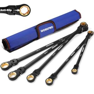 WORKPRO Extra Long Flex-Head Ratcheting Wrench Set, 5-piece Anti-Slip Double Box Wrenches Set, Metric 8-19 mm, 72-Teeth, Cr-V Steel and Black Electrophoretic Coating Wrenches with Rolling Pouch