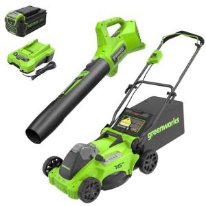 Greenworks 40V 16" Brushless Cordless (Push) Lawn Mower + Blower (350 CFM), 4.0Ah Battery and Charger Included (75+ Compatible Tools)