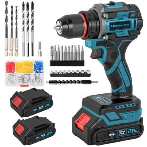 Cordless Drill, 21V Brushless Power Drill with Dual 2.0Ah Power Pack and Charger, Electric Drills Set, 3/8" Metal Chuck, 25+1 Torque, 2 Speed Compact Drills with 87PCS for DIY, Home Repair & Gift