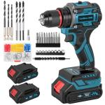 Cordless Drill, 21V Brushless Power Drill with Dual 2.0Ah Power Pack and Charger, Electric Drills Set, 3/8" Metal Chuck, 25+1 Torque, 2 Speed Compact Drills with 87PCS for DIY, Home Repair & Gift